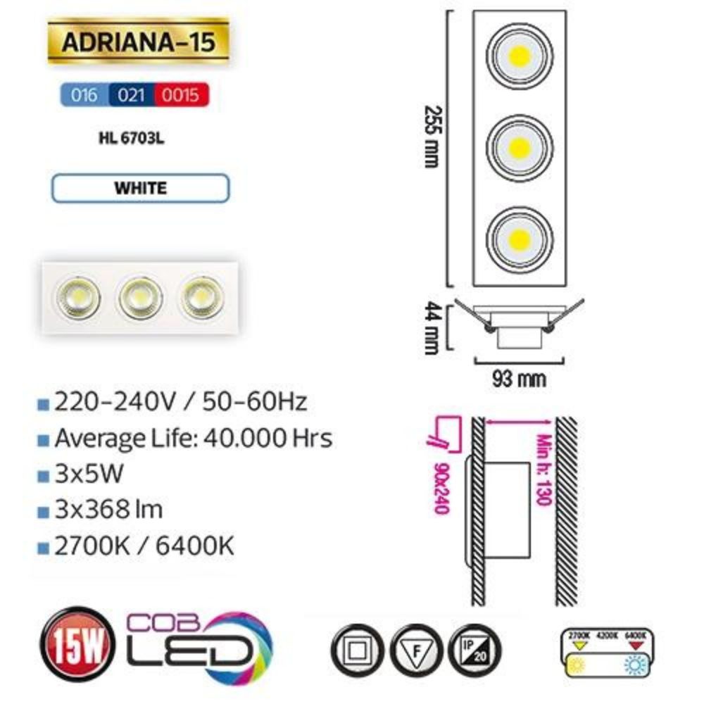 Spot Led COB, Adriana-15, 3x5W 1104Lm, Alb Reglabil 6400K 100-240V