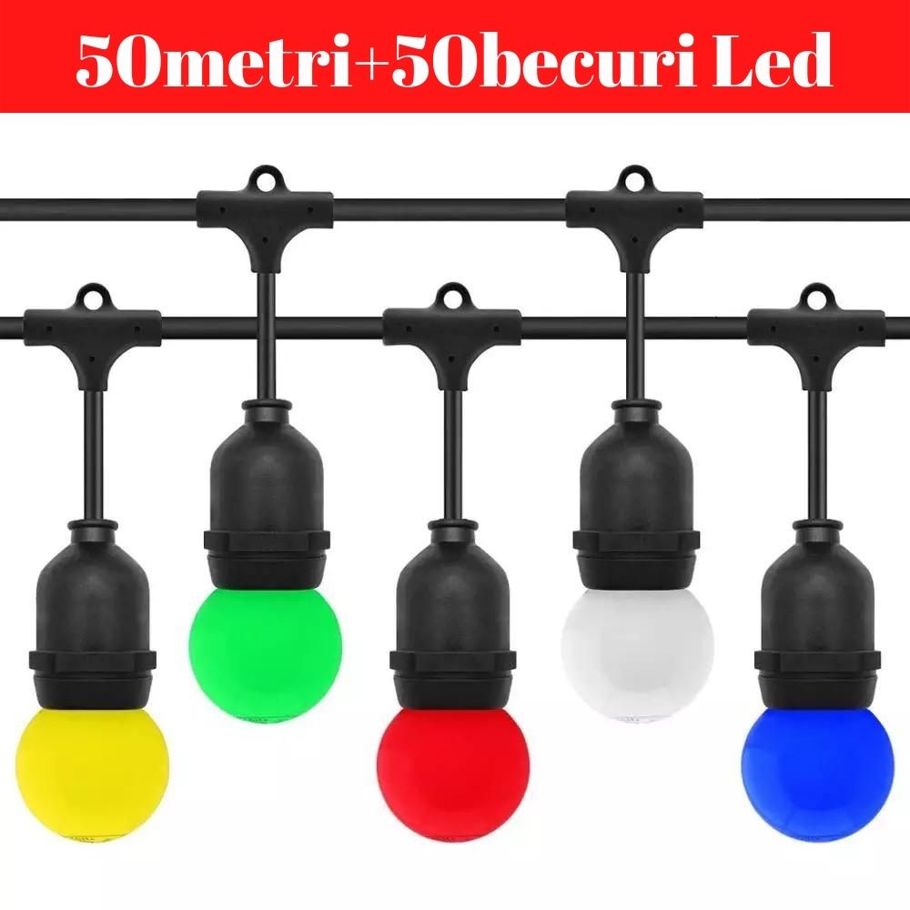 Ghirlanda Luminoasa, 50 Metri cu 50 Becuri Led Color incluse E27, IP65