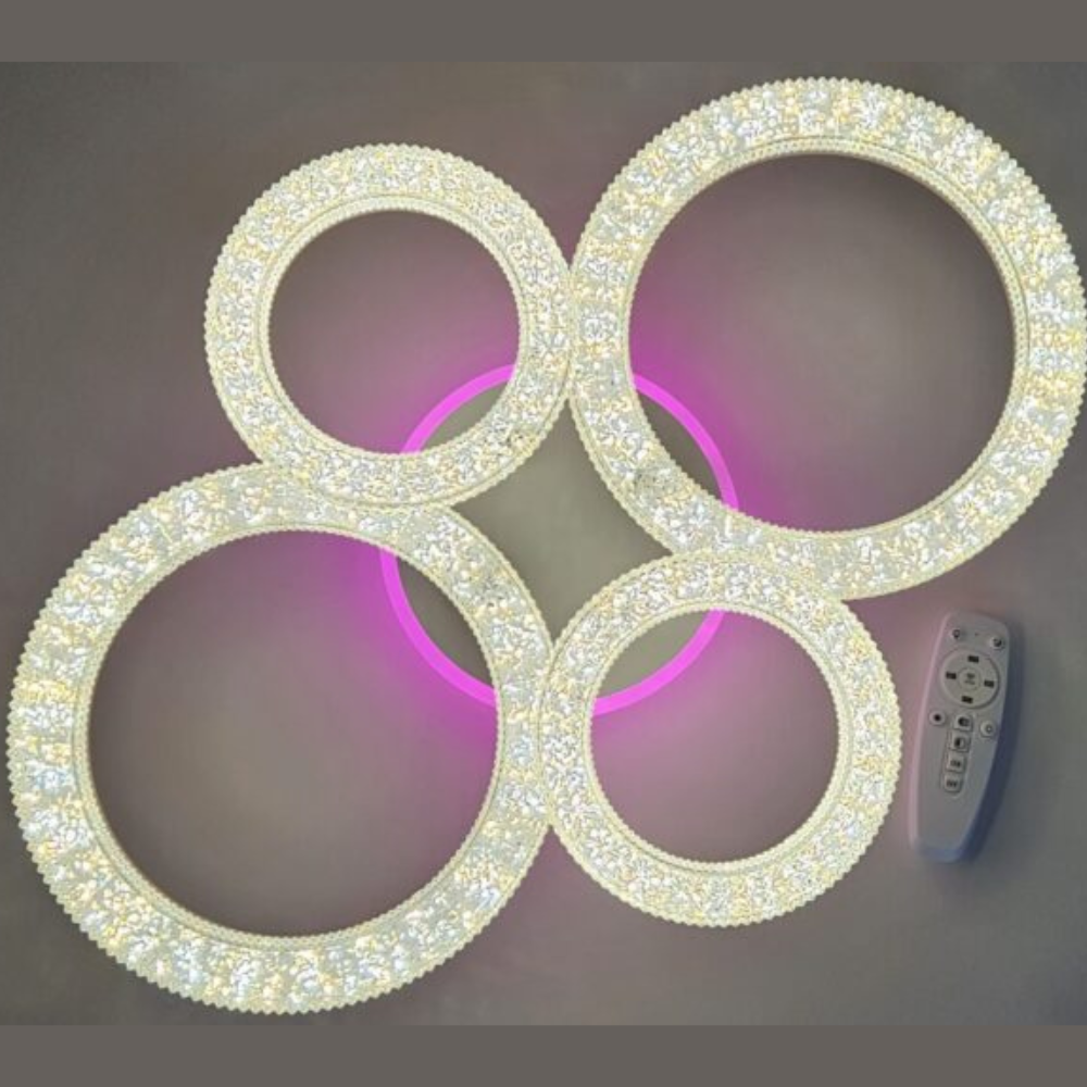 Lustra LED Minimal Rings, cu telecomanda, 140W, argintiu, cu trei tipuri de lumina