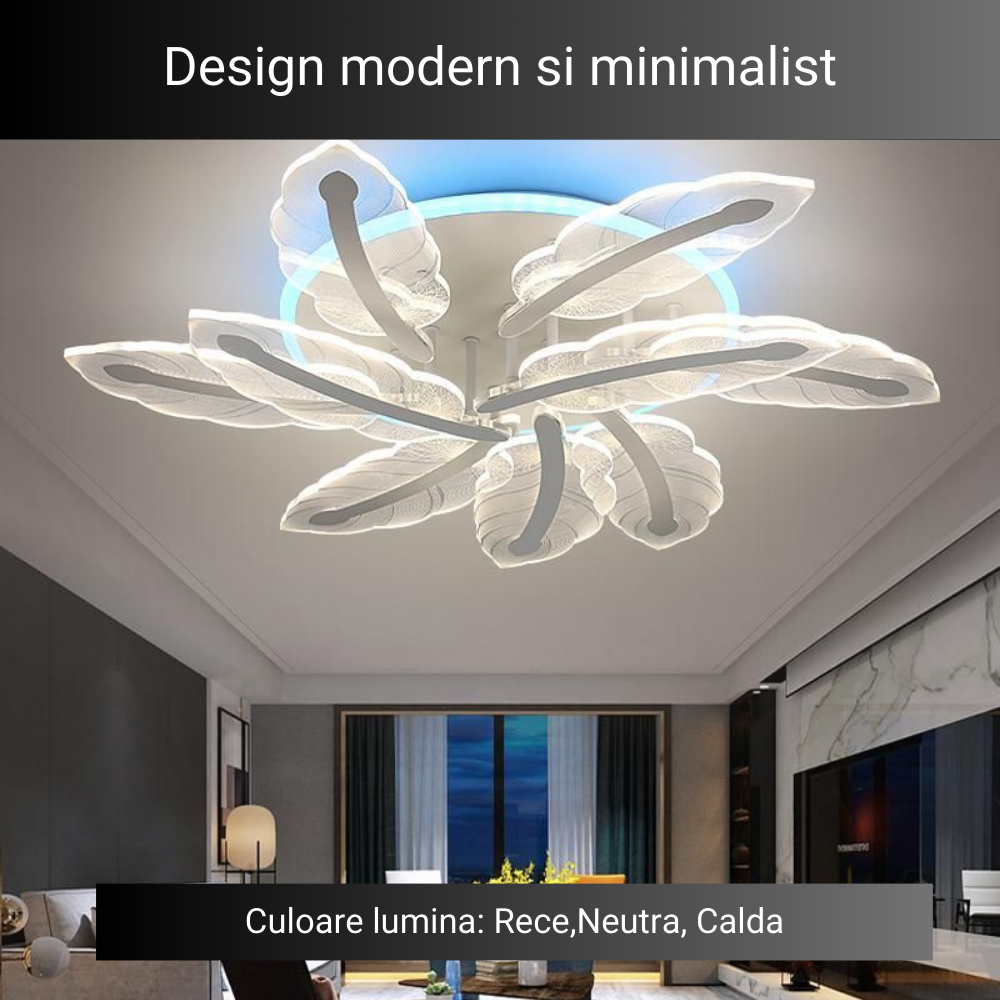 Lustra LED Flower Concept 5, cu telecomanda, 162W, alb, cu trei tipuri de lumina