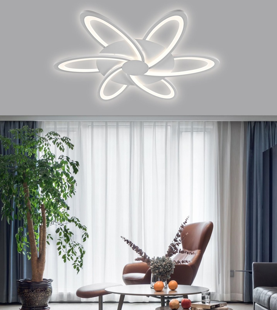Lustra tip Led Simply Flower, cu telecomanda, 144W, 6000lm, alb, cu Trei modalitati de iluminare